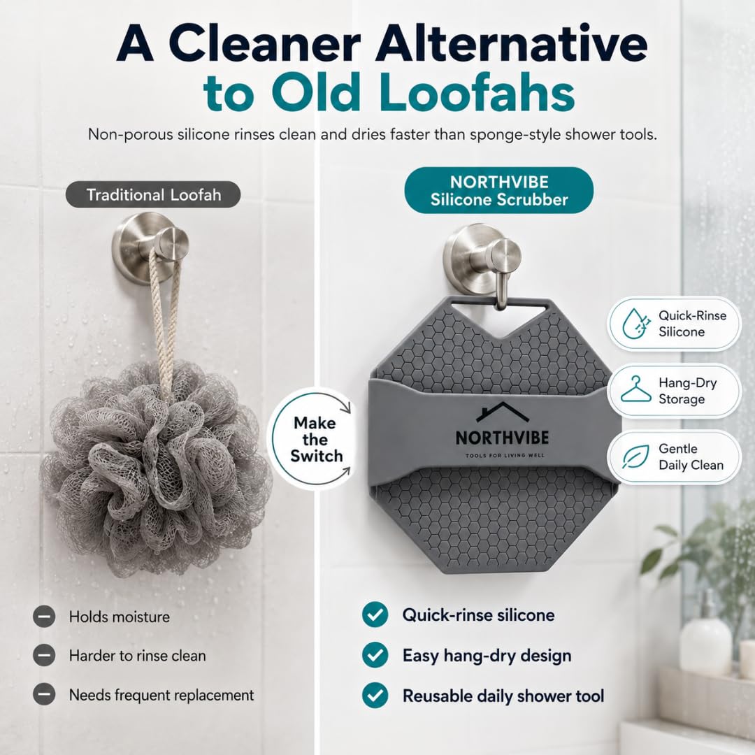 NORTHVIBE Silicone Body Scrubber for Shower, Hygienic Silicone Loofah Alternative, Exfoliating Body Brush with Hand Strap, Quick-Dry Dual-Sided Shower Scrubber, Charcoal
