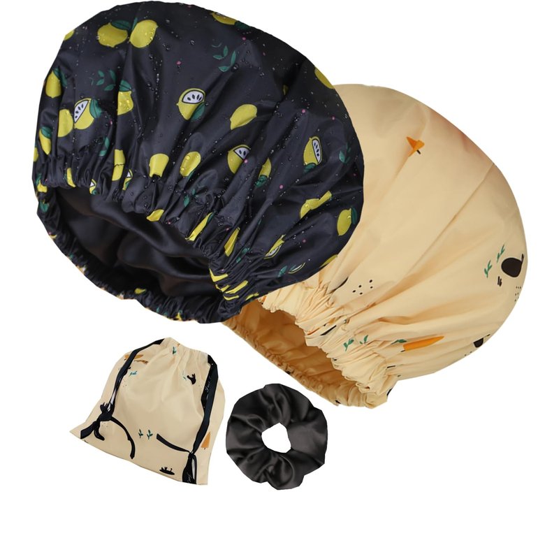 Genergy 2pcs Shower Cap for Women,Including Travel bag and Scrunchy. Frizz-Free Silky Liner, Waterproof Reusable Large Bath Bonnet for Short and Long Thick Hair, Soft Adjustable Elastic, Non-slip.