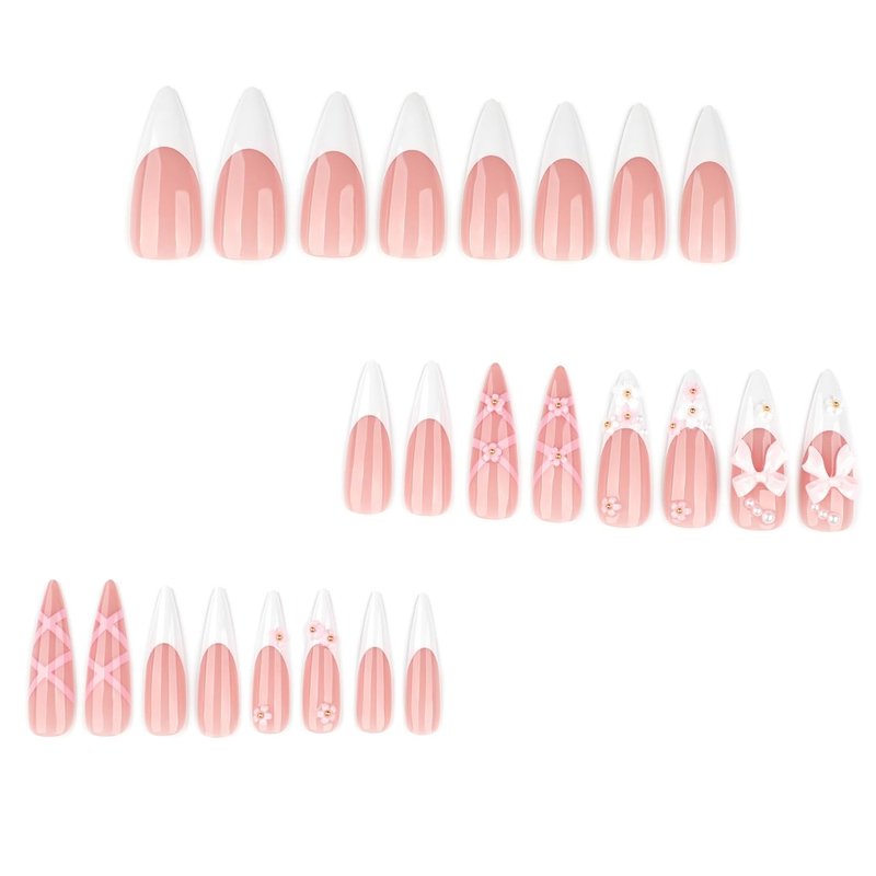 Long Almond Press-On Nails - Pink French Tip with 3D Bow Flower Designs | 24 Pcs Stiletto Artificial Nails for Women