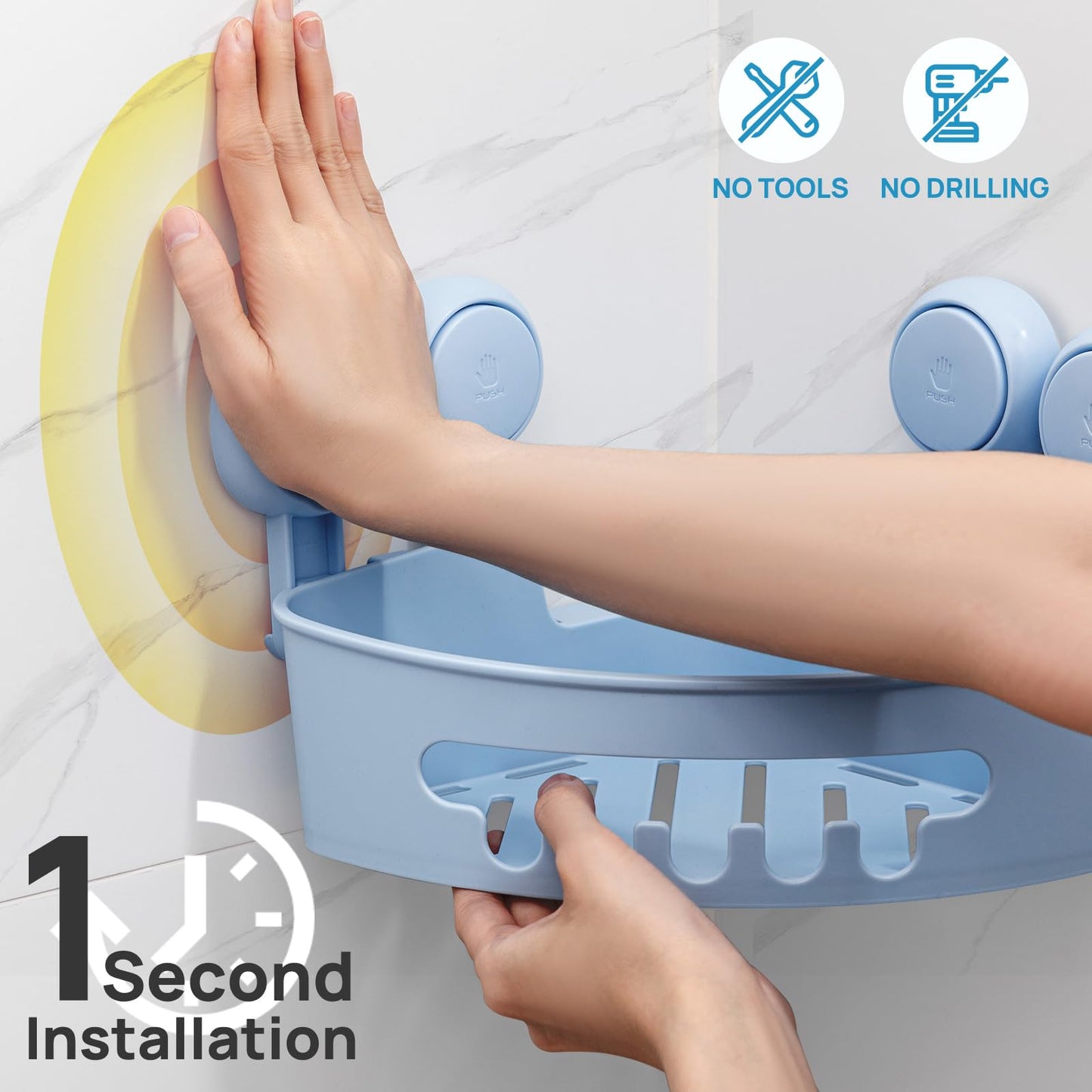 LEVERLOC Corner Shower Caddy Suction Cup, Shower Caddy Basket Powerful Suction Bathroom, Waterproof & Rustproof Organizer for Bathroom Storage, No-Drilling Removable (Blue)