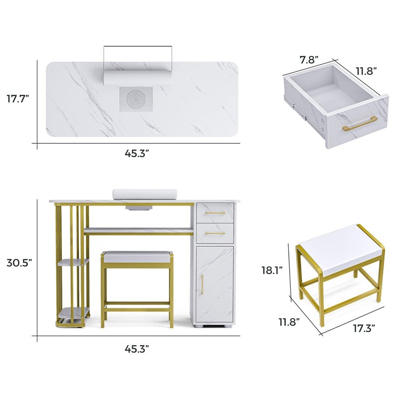 Kikihuose Manicure Table Nail Desk for Nail Tech, Professional Nail Table with Stool, Dust Collector, Dust Bag & Wrist Cushion，Modern Multipurpose Table with Storage Cabinet & Drawers, White