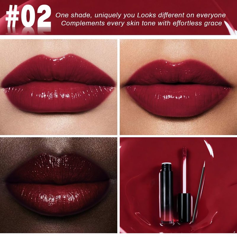 evpct Wine Red Shiny Longwear No-Budge Liquid Lip Color Lipstick Makeup, Highly Pigmented Color Instant Shine, Waterproof Long Lasting Lipstick for Women, Lip Stain Gloss with Lip Liner Brush, 02#