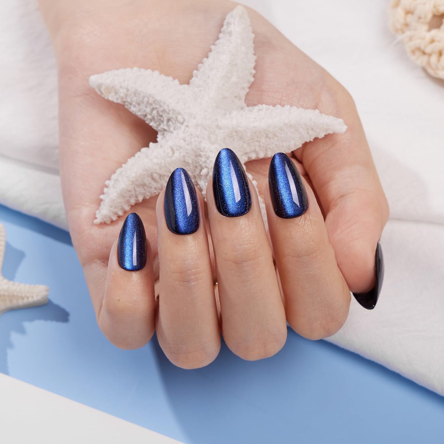 VSALON Press On Nails - Short Almond Blue Cat Eye Chrome Kit | 32 PCS Reusable Gel Nails with Glue & Cuticle Oil