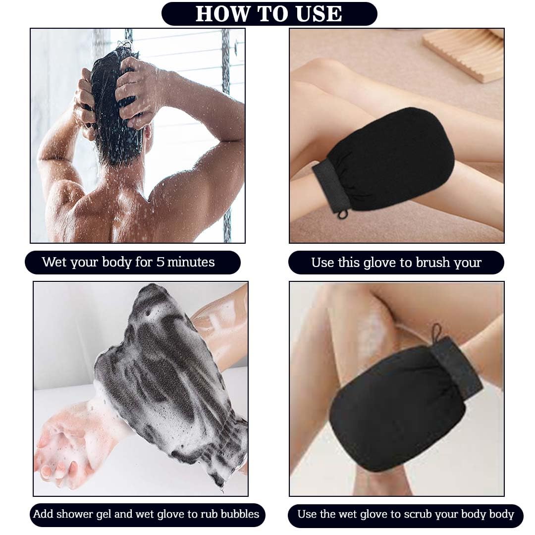 Aayuleubeda Badi Care Abc Body Exfoliating Glove Polishing Mitt Body Scrubber Scrub Remover- Shower Skincare (Black) Pack Of 2