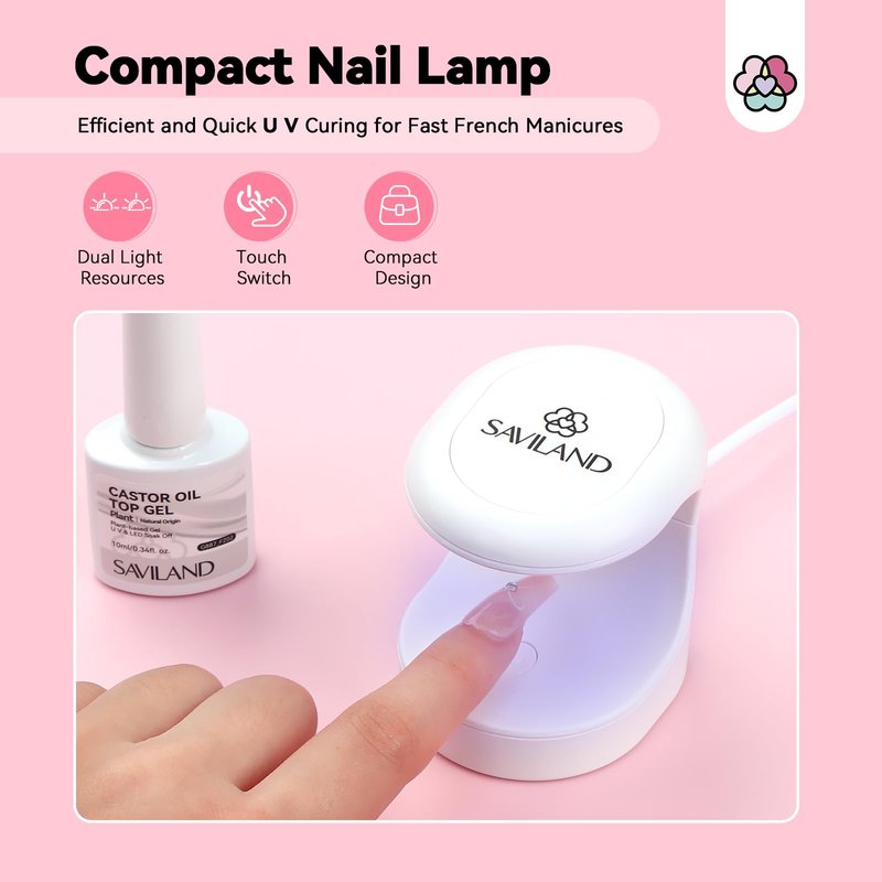 Saviland French Manicure Kit : French Tip Tools for Beginners French Tip Nail Stickers French Nail Brush White Gel Nail Polish Quick-Dry Nail Lamp French Tips Guides for Nail Art
