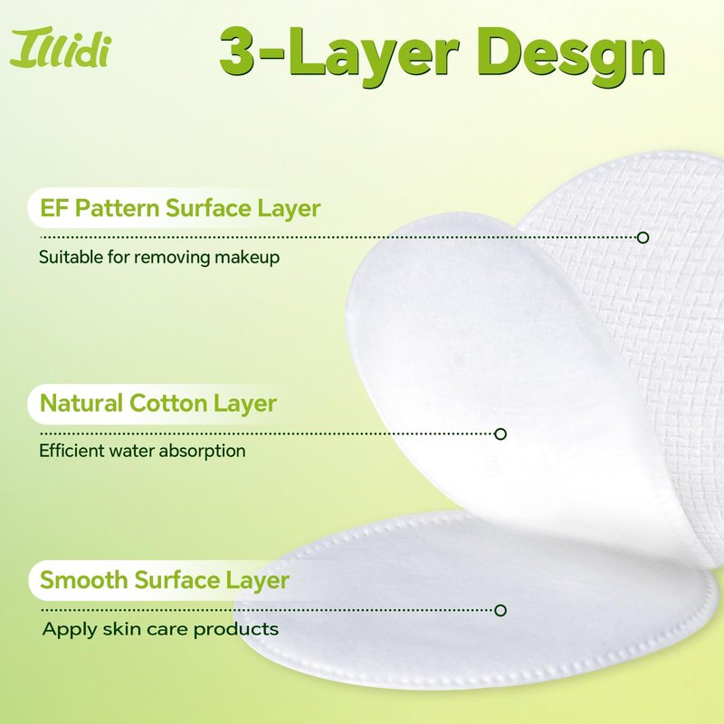 ILLIDI Large Oval Cotton Pads, Multi-Layer, Dual-Sided, for Makeup Removal, Cleansing, and Toner Application, 80 Count