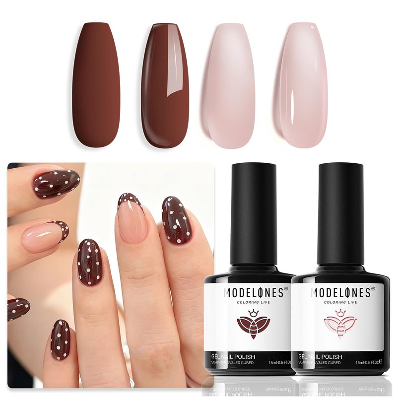 modelones Brown Gel Nail Polish Set 2 Pcs 15 ML Nude Brown Winter Gel Polish Neutral Skin Tone Translucent Nude Soak Off Gel Nail Kit Manicure DIY At Home Nail Art Salon Gift For Women Girl