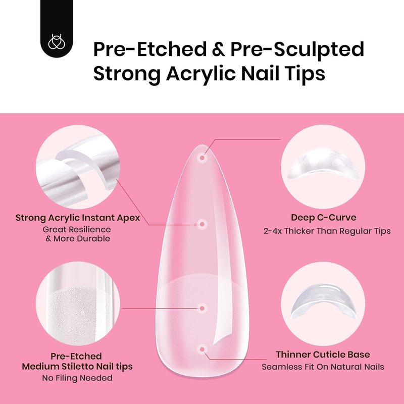 Beetles Tipex Instant Apex Nail Tips Kit - Medium Stiletto | 224 Pcs, 16 Sizes, Pre-Built & Pre-Etched with Glue & Mini Lamp