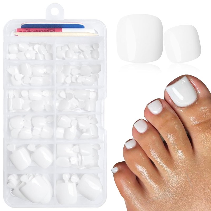 Press-On Toenails for Women - 168pc Short Square Acrylic Toe Nail Tips | White Fake Toenails with Glue Tabs