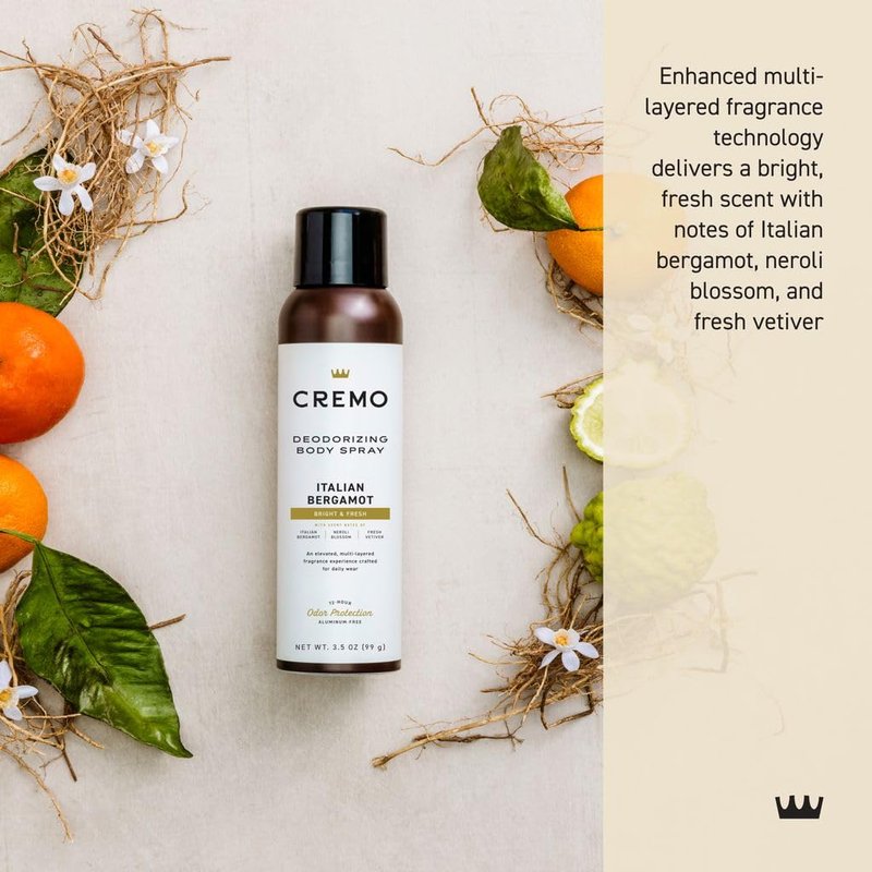 Cremo Italian Bergamot Body Spray - Sophisticated Bergamot & Neroli Blossom Blend | 3.5 Fl Oz