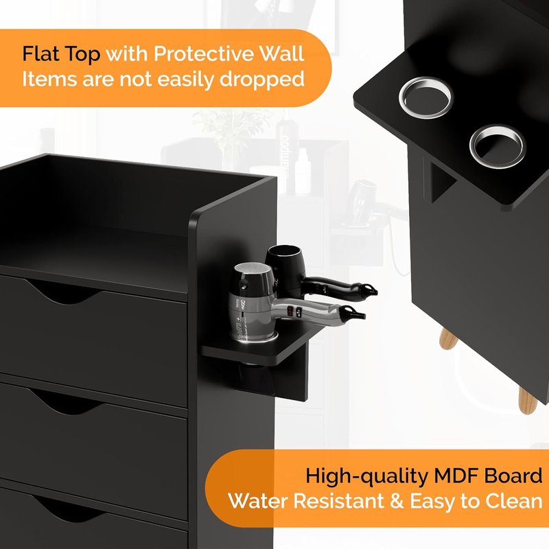OmySalon 4-Layer Salon Storage Cabinet | Beauty Styling Station Organizer with 2 Hair Dryer Holders & 4 Drawers - Black