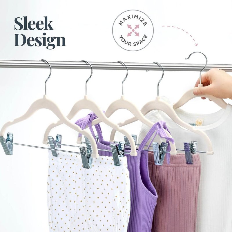 Home-it Non-Slip Velvet Clothes Hangers with Clips for Baby and Kids 12 Pack - Ivory Baby Clothes Hangers Skirt Hangers Heavy-Duty and Space-Saving - Ultra Thin Pants Hangers