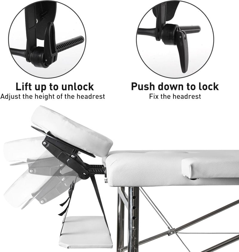Portable Massage Table - Foldable Height Adjustable Lash Bed | PU Leather Facial Tattoo Bed (White)