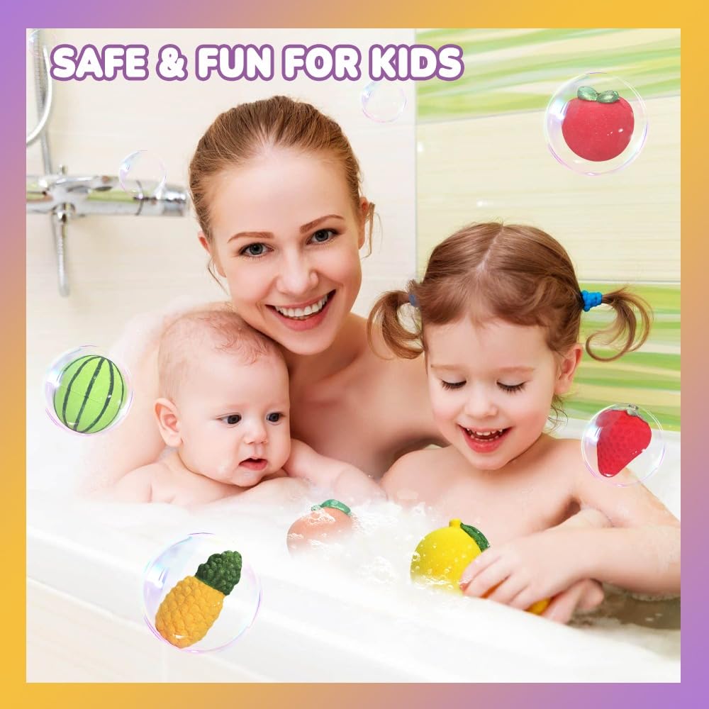 KAV Fruit Family Bath Bomb Set - 6Pcs Fruit Shaped Organic Bath Bombs for Kids, All Natural Scented Bubble Bath Bombs, Skin Safe & Non-Toxic bathbombs, Self Care Girlfriend Gifts for Spa Day