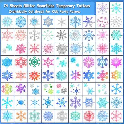 Glitter Snowflake Temporary Tattoos for Kids Party Supplies - 74 Individually Sheets Glitter Winter Snowflake Tattoos for Boys Girls Holiday Party Favors