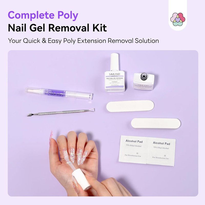 SAVILAND Poly Gel Nail Remover Kit - 2PCS Fast & Gentle Gel Remover with Cuticle Oil Pen & Scraper