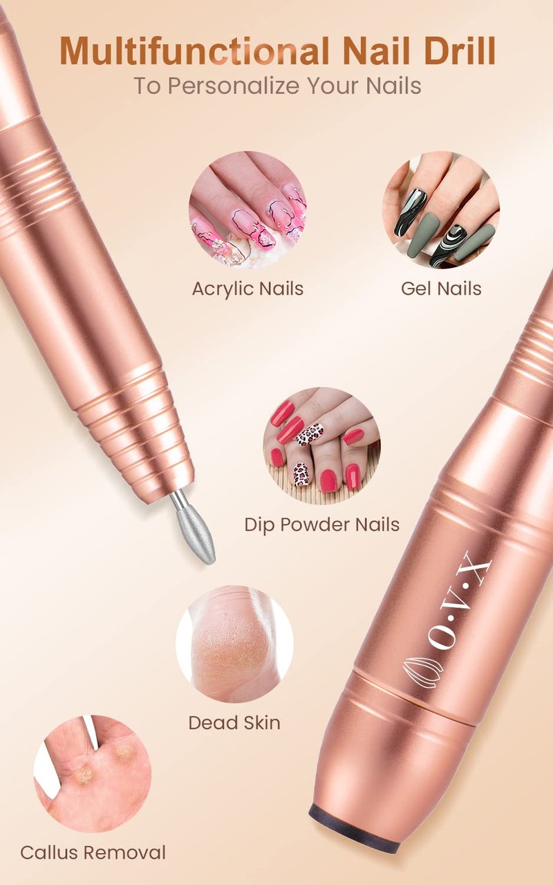 Professional Acrylic Nail Drill, USB Electric Nail Drill Machine, Portable Electrical Nail File Kit for Gel Nails and Home Salon, Manicure Pedicure Polishing Shape Tools, Gold