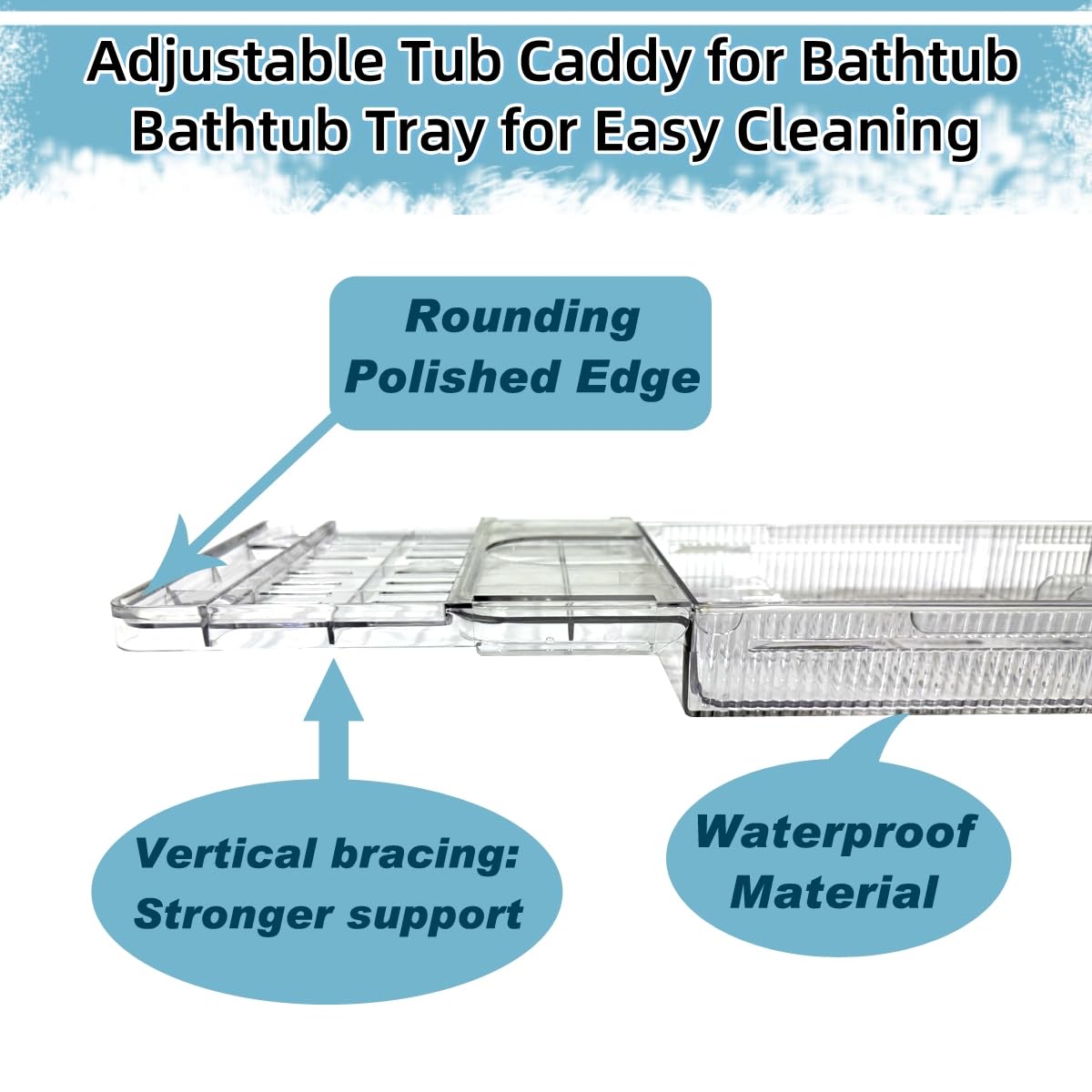 lizeisadi Large Capacity Adjustable Bath Tub Tray - Transparent Acrylic Rectangular Modern Bathroom Tray - Easy Clean, Sturdy Durability - Fits Most Bathtubs (Extended Edition)