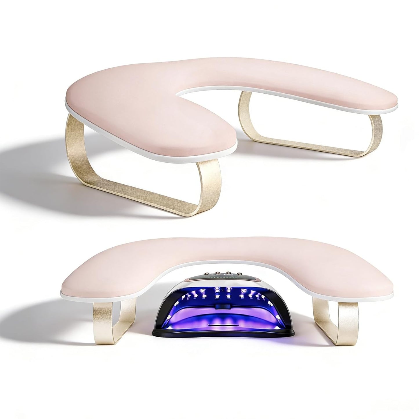 U-Shaped Nail Arm Rest Stand - Upgraded 10° Incline, Pink with Gold Aluminum Alloy Holder | Non-Slip Manicure Support