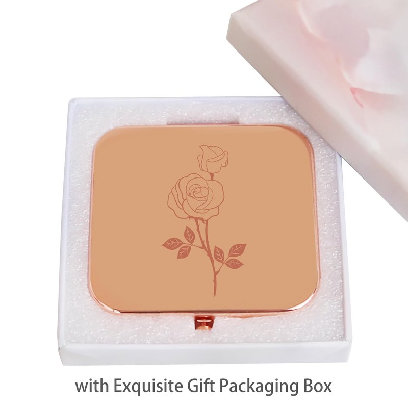 PDOZV Small Compact Mirror, Rosegold Square 2.8”×2.8” Metal Frame Smooth Style Double Sided Mini Magnifying 1X/2X Mirror for Purse Can be Used as Gifts for Woman (RG02)