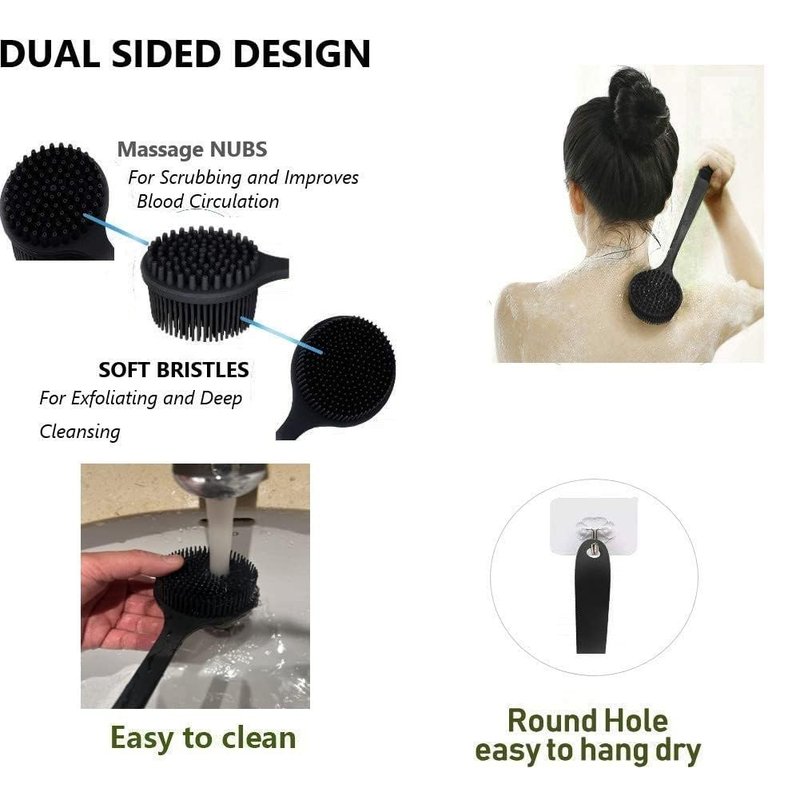 Long Handle Silicone Body Scrubber for Shower, Dual-Sided Back Scrubber Brush with Soft Bristles&Massage Nodes, Exfoliating Bath Brush for Hard to Reach Areas, Easy to Clean & Quick Dry, for Daily Use
