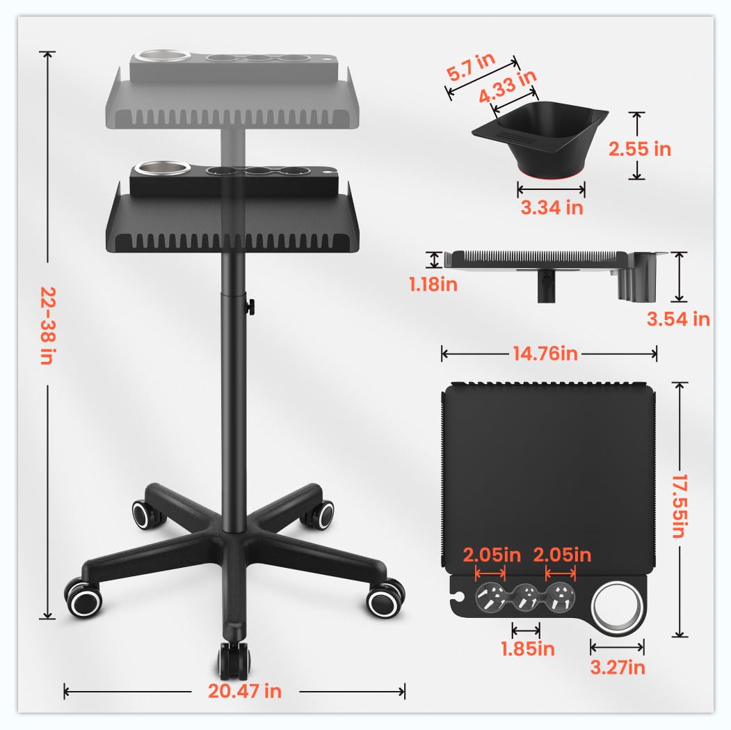 TASALON Black Salon Rolling Tray Cart on Wheels, Portable Braiding Hair Rack with Magnetic Hair Dye Bowls, Heat-Resistant Tool Rack for Salon Storage, Rolling Tool Cart & Hairstylist Station Organizer