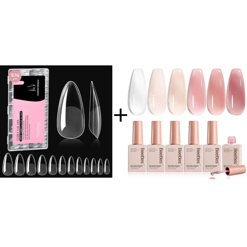 Beetles Medium Almond Nail Tips - 576pcs Pre-Etched Soft Tips with 6 Colors Gel Polish Set
