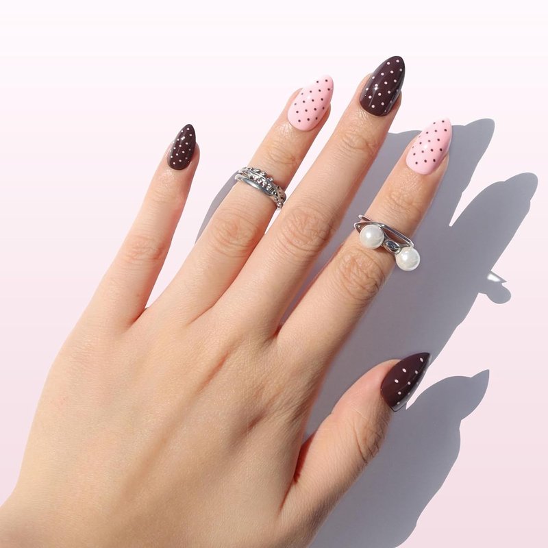 Nail Reformation Press On Nails - Double Dip Polka Dot Short Almond Fake Nails | Rich Brown & Creamy Pink, Glossy Finish, 16 Sizes - 32 Nail Kit for Women