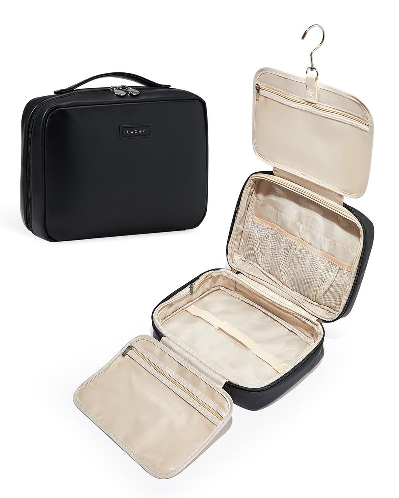 EACHY Travel Toiletry Bag with Hanging Hook, Portable Makeup Cosmetic Bags for Women, Water-Resistant Full-Size Travel Accessories (Black)