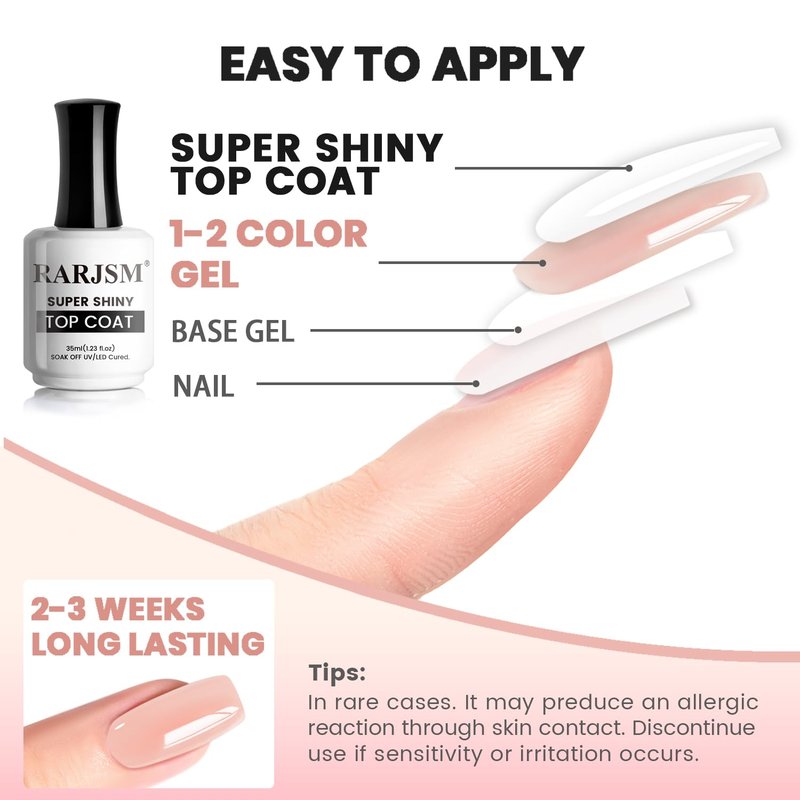 RARJSM No Hema Top Coat Gel Nail Polish 35ml No Wipe Clear Glossy Mirror Shine Long Lasting Top Gel Polish Big Capacity Soak Off Single Bottle LED UV Curing Requires for Home Salon Manicure