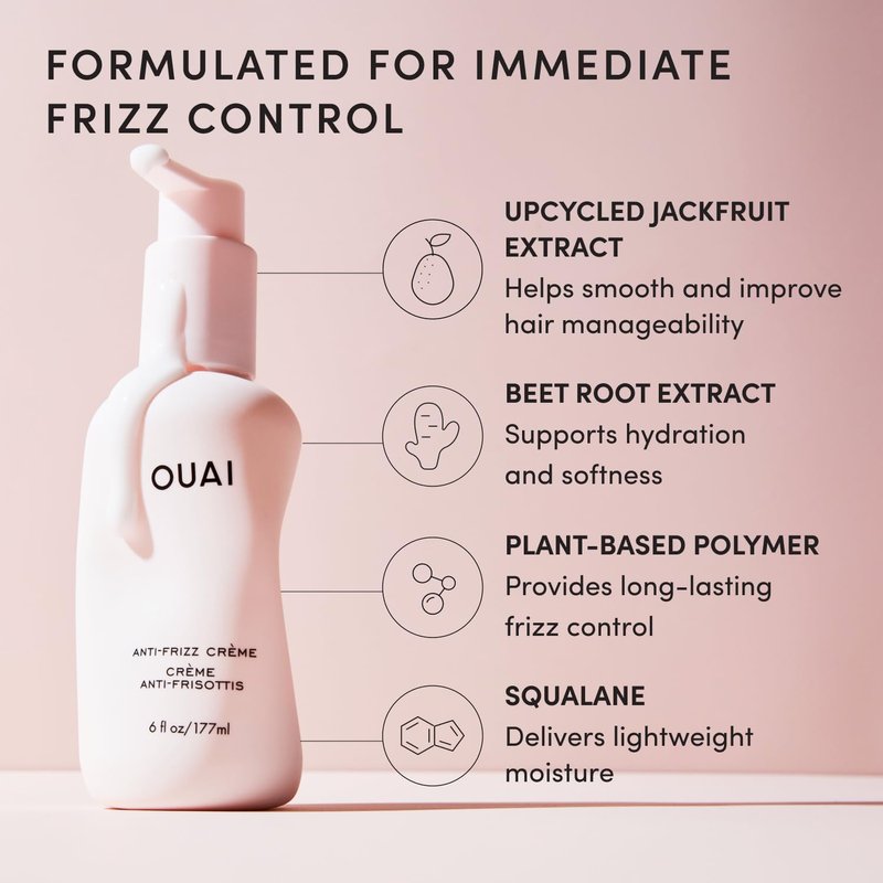 OUAI Anti Frizz Cream Travel Size - Moisturizing Hair Cream with Frizz Control & Heat Protection - Provides Hydration with Jackfruit & Beetroot Extract - Paraben, Phthalate & Sulfate Free (3 oz)