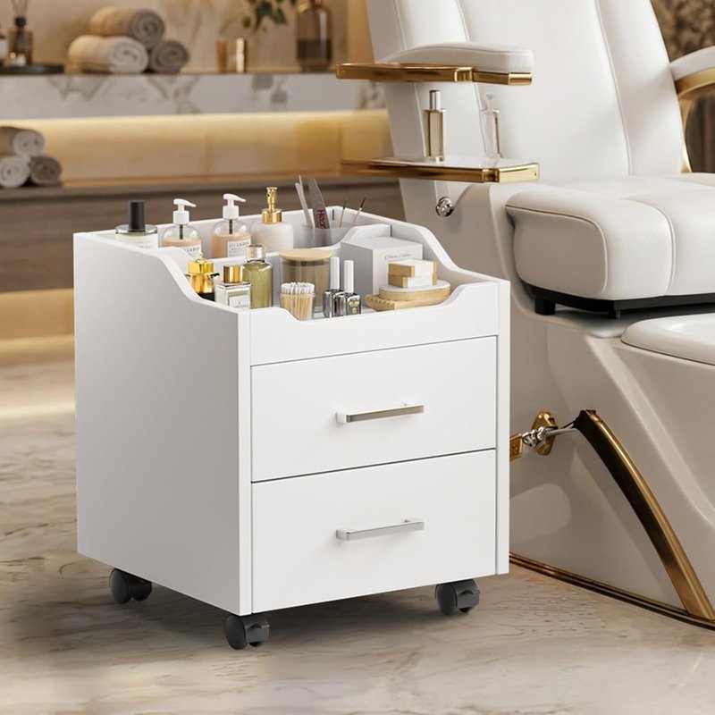 OmySalon Pedicure Cart - Portable Foot Bath Trolley with 2 Drawers & Lockable Wheels | White Spa Supplies