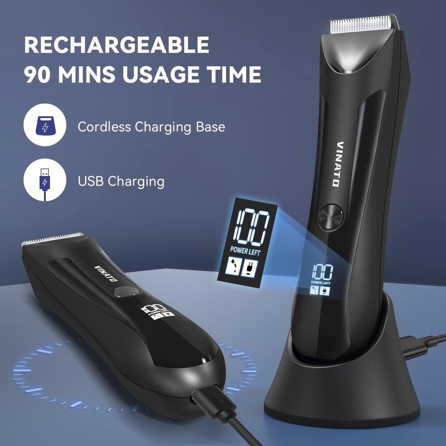 VINATO Electric Body Hair Trimmer - Waterproof Groin Hair Trimmer for Men | USB Rechargeable, Ceramic Blade, 90 Mins Battery Life