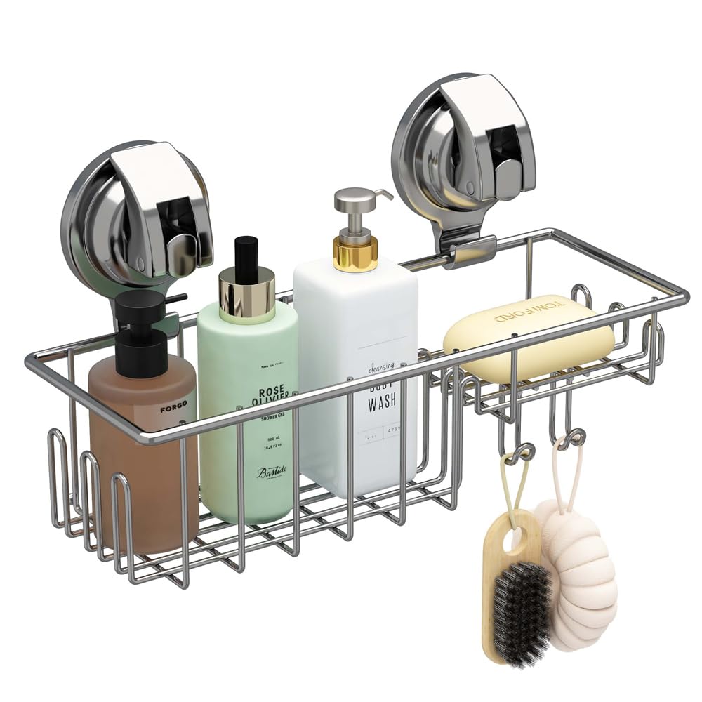 TESOT Suction Cup Shower Shelf, Shower Caddy Soap Dish with Hooks for Sponge, Rust Proof 304 Stainless Steel, Silver