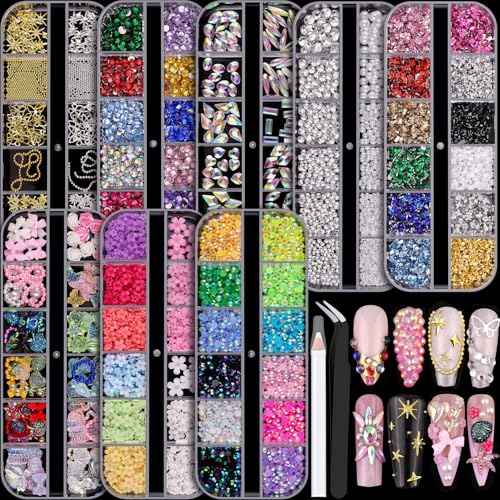 8 Boxes Nail Charms and Gems for Manicure, Flat Pearls Nail Flowers Nail Rhinestones and Charms for Nail Art, Colorful Pearl Nail Charm Nail Bows Multi Shapes Flatback Nail Design Kit Nail Accessories