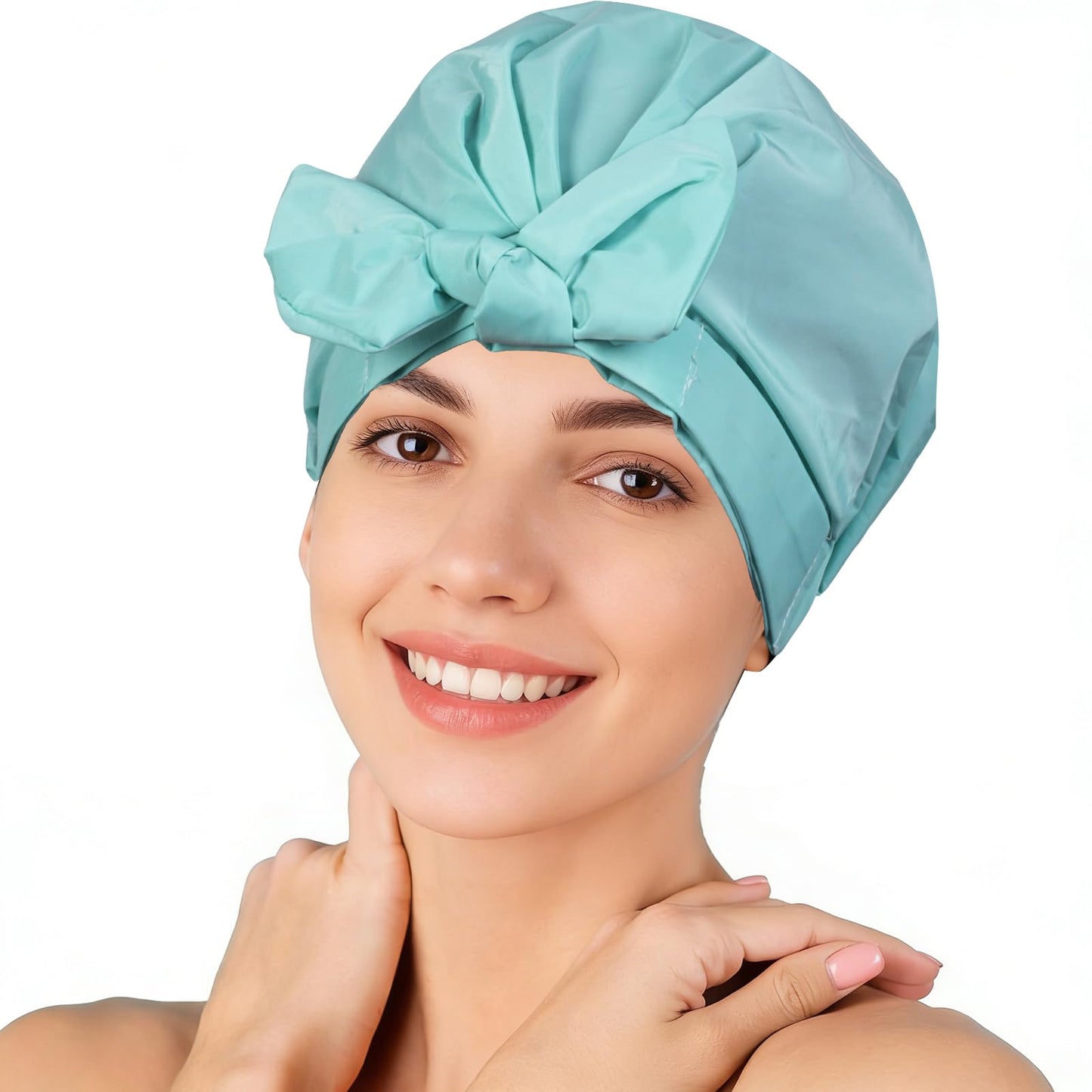 TUVATU Shower Cap for Women Reusable Waterproof, Large Satin Shower Bonnet, Washable Bath Hat for Long Hair, Braids, Curly Hair, Aqua