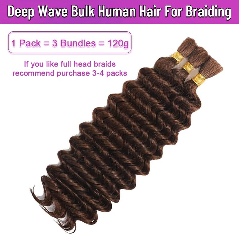 100% Human Hair Boho Braiding Hair - Deep Wave Curly Bundles for Braids | 18 Inch, #4 Natural Brown
