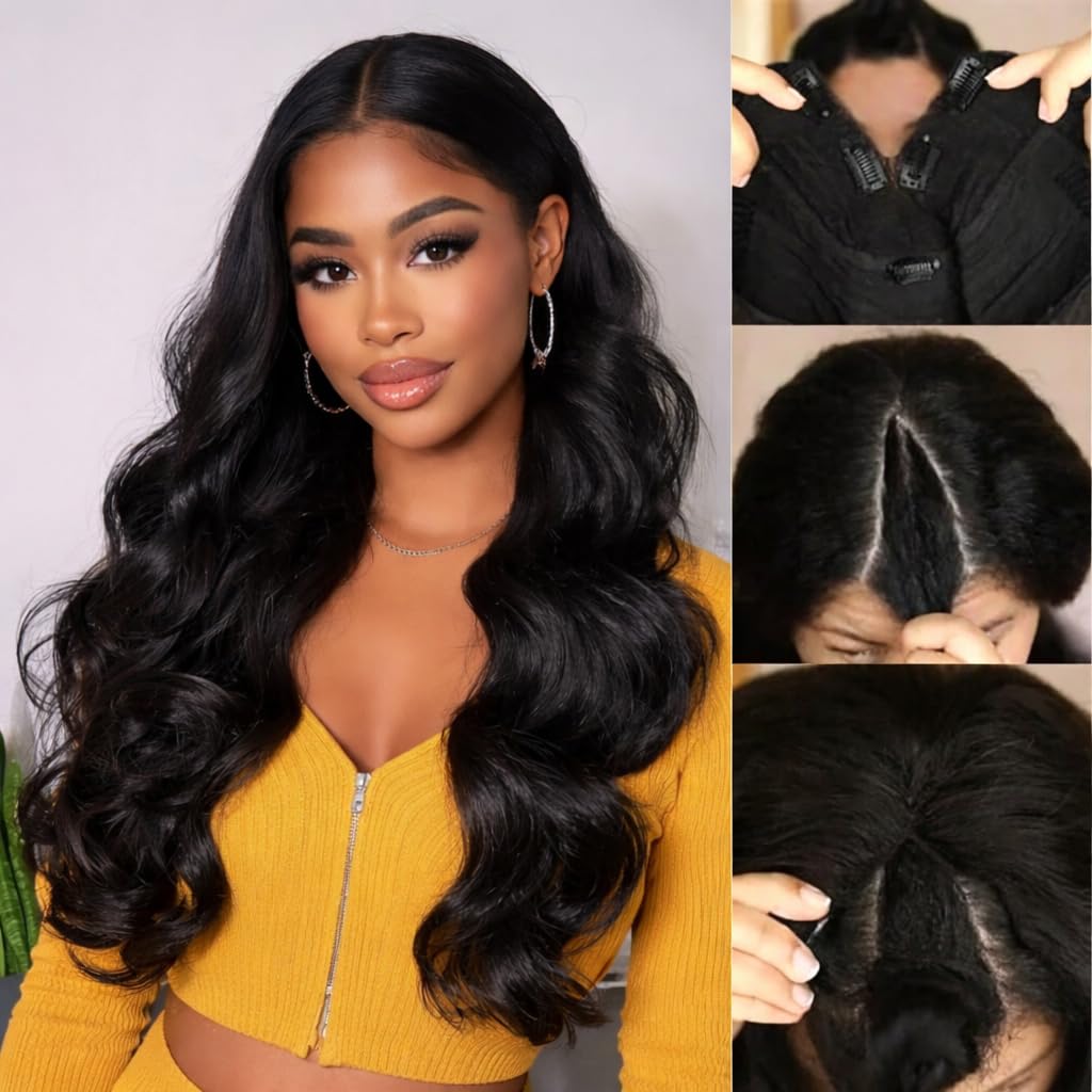 WEAR GO V Part Wig Human Hair Body Wave Upgrade U Part Human Hair Wig With Drawstring No Glue No Sew in 180% Density V Shape Clip In Half Wig For Women Natural Color 24 Inch