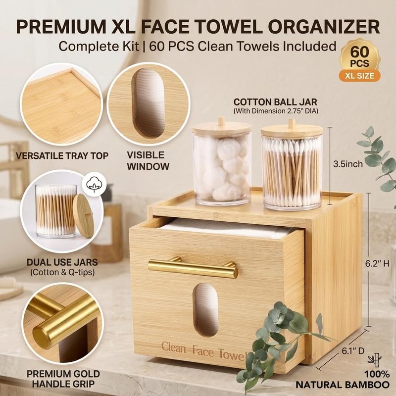 Bamboo Face Towel Holder - Wall Mounted Skincare Organizer with Cotton Swab Box | 60 Disposable Towels Included