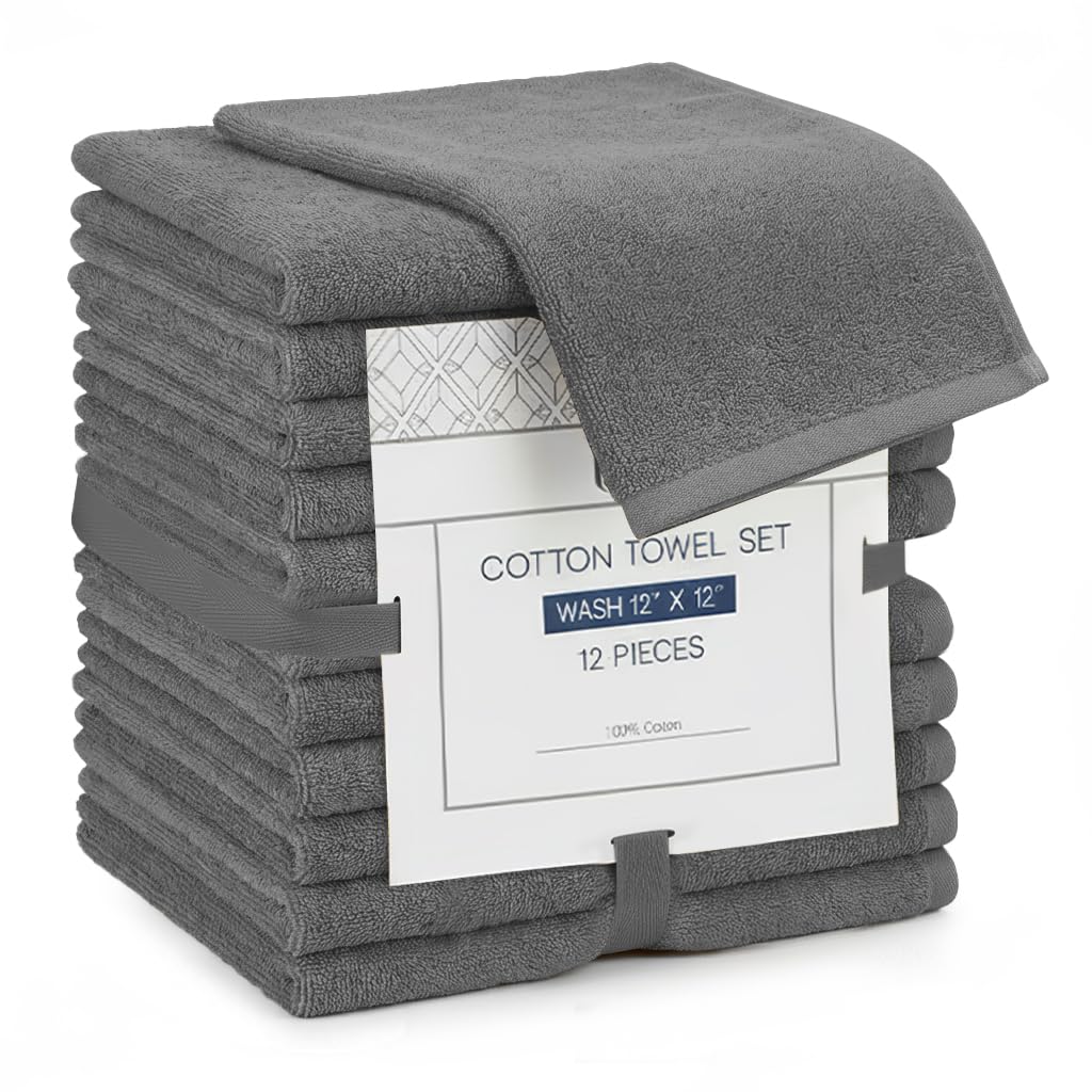 Linteum Textile Supply Premium 12x12 Washcloth (Grey) – 100% Cotton Zero Twist Towels | Absorbent, Quick Dry, Durable for Bathroom, Spa, Gym (12 Pack)