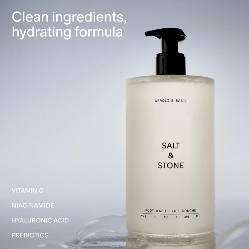 Salt & Stone Body Wash with Antioxidants for Deep Moisture | For Women & Men, Sulfate, Paraben, & Dye Free, Leaving Skin Soft and Hydrated | Neroli & Basil 15.2 fl oz