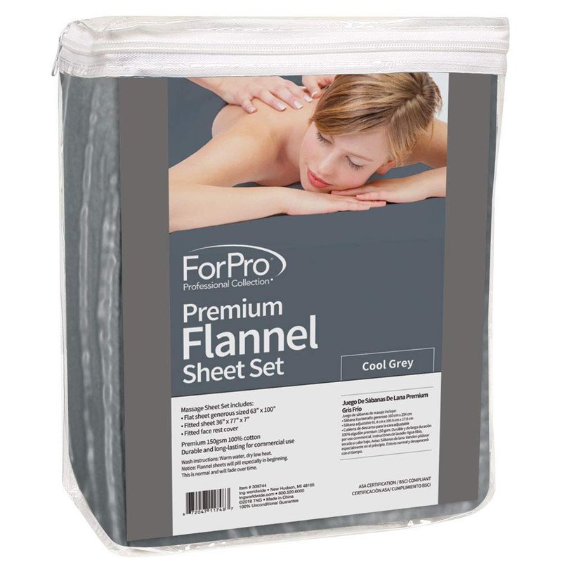 ForPro Premium Flannel 3-Piece Massage Sheet Set, Cool Grey, Stain and Wrinkle-Resistant, Includes Flat and Fitted Sheet and Face Rest Cover