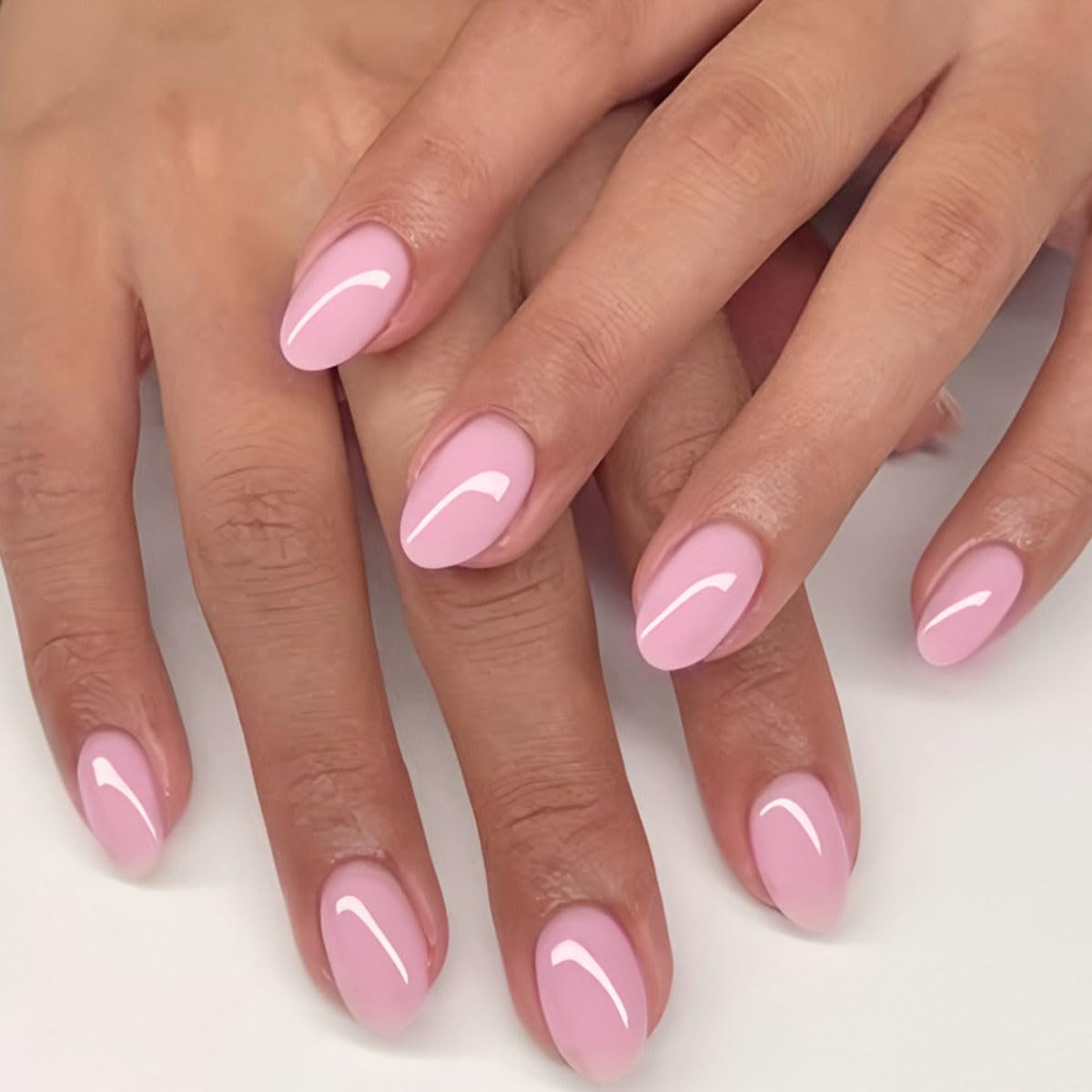 Soft Pink Press on Nails Short Oval Fake Nails with Solid Color Design,Reusable Artificial Nails,Easy Apply Full Cover Stick on Nails for Women Manicure 32Pcs