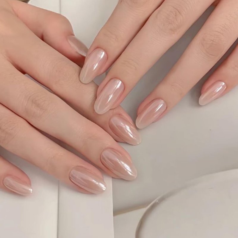 Chrome Pink Press-On Nails - Summer Pearl Short Almond Fake Nails | Reusable Nail Kit with Glue & Mini File, 32 Pcs in 16 Sizes