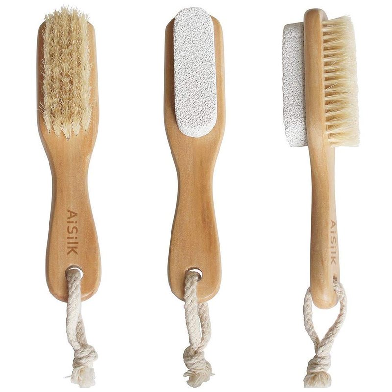 1Pc Foot Natural Bristle Brush & Pumice Stone Combo,Double Side with Pumice Stone and Bristle Brush Heel Scraper Pedicure File Removes Dead Skin with Rope Wooden Handle