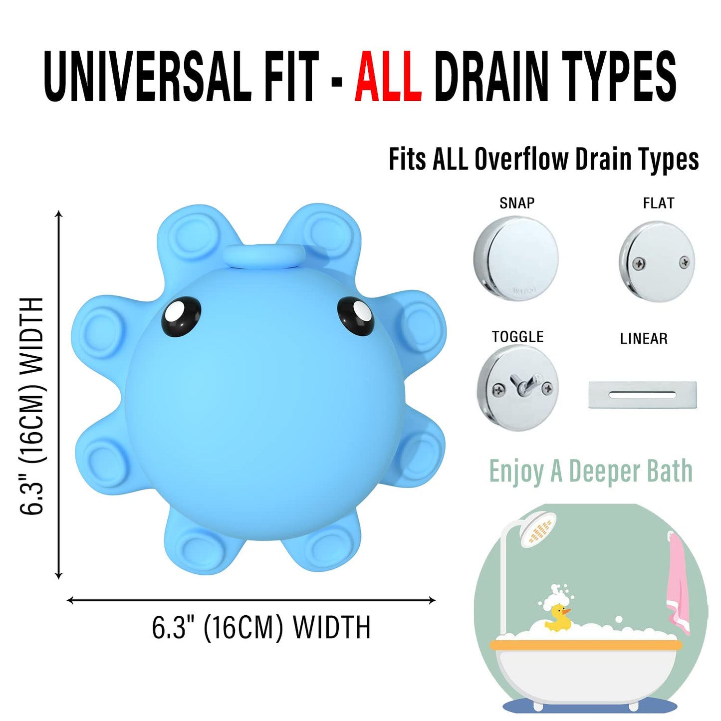 Bathtub Overflow Drain Cover Tub - Silicone Bathroom Overflow Drain Cover, Bath Tub Overflow Cover, Bathroom Spa Accessories, Adds Inches of Water for Deeper&Warmer Bath，Blue