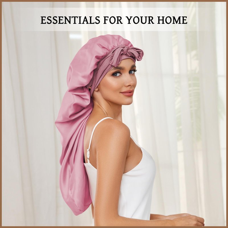 DEMAZALO Long Bonnet for Braids & Curly Hair, Silk Satin Bonnet for Sleeping, Extra Large Bonnets for Women Braid (Black Pink)
