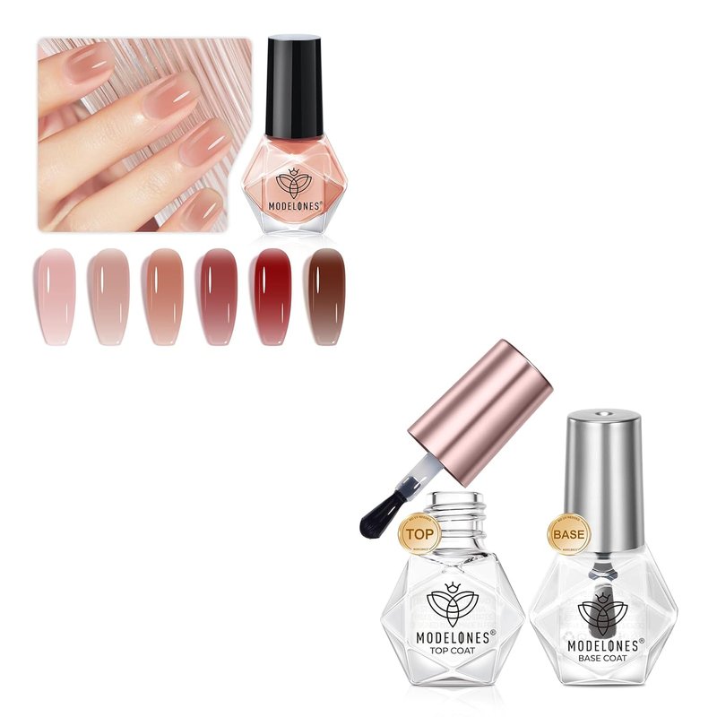 Modelones Jelly Nail Polish Set - Includes 2 No Wipe Top Coat & Base Coat | Vibrant Colors