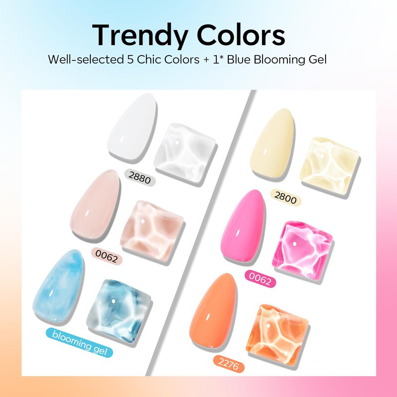 Modelones Gel Nail Polish Set, 6 Colors 2026 Summer Clear Blue Blooming Gel Polish Creamy White Pastel Yellow Pink Orange Nude Jelly Nail Polish W Flower Stickers & Liner Nail Brush LED DIY Gift