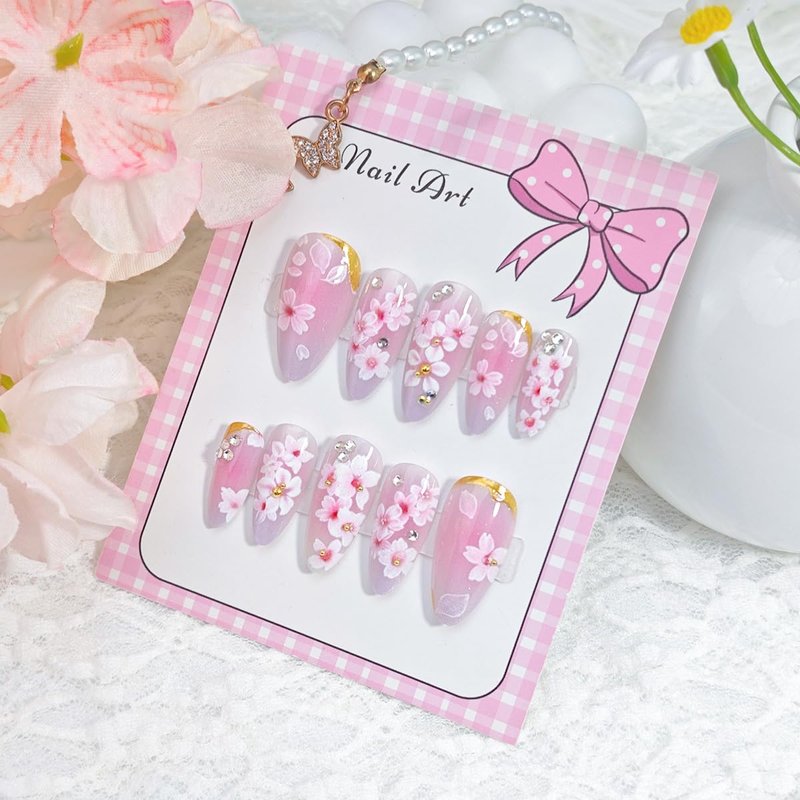 24Pcs Pink Flower Press on Nails Medium Almond Fake Nails Spring Peach Blossom with Rhinestones Gold Beads Glitter Design Cute Floral Full Cover Glue on Nails Acrylic False Nails for Women Manicure